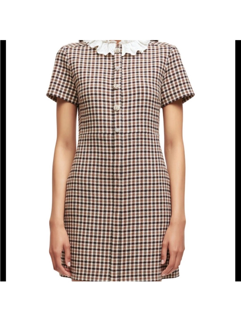 Maje Checked Mini Dress with Lace Collar - Brown & Cream